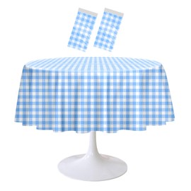 RINDOJIN 2 Pack Light Blue Gingham Tablecloth Round 84 x 84 Inch Round Plastic Checkered Table Cloth Disposable Plaid Table Cover for Picnic Party Birthday Wedding Baby Shower Circle Blue Tablecloth