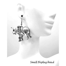 Elephant – Lg Fancy - 39x32mm - Silver alloy charm dangle earrings. Hypoallergenic Fishhook or Ball Post Earrings Option