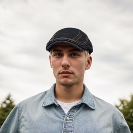 Men's Flat Cap Ivy Newsboy Cabbie Cap Distressed Denim Cotton Adjustable Size, Flat Driving Hunting Hat (UK, Alpha, M, L, Black)