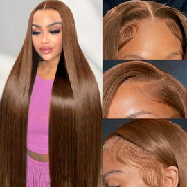 28Inch Chocolate Brown Lace Front Wigs Human Hair Pre Plucked 13x6 Straight Lace Front Wigs Human Hair 180% Density Coloed #4 Light Brown Glueless Wig HD Lace Frontal Wigs for Women