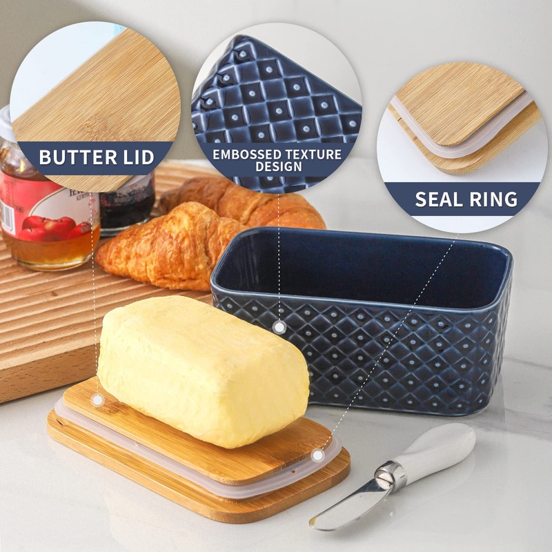 Hasense Ceramic Butter Dish with Bamboo Lid, Large Butter Container