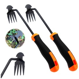 MENGLIHUALUO Weed Puller Tool 2 pcs 4 Tine Stainless Steel Garden Weeder Tool Multi Function Portable Uprooting Weeding Tool for Vegetable Gardening Backyard Farm Planting(Rubber Handle,Black)