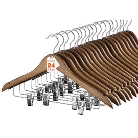 HOUSE DAY Wooden Hangers with Clips 24 Pack, Heavy Duty Walnut Wood Pants Hanger, Premium Skirt Hanger with Adjustable Clips, Solid Clip Hangers for Suit, Blouse, Dress, Coat, Jacket, Bottom