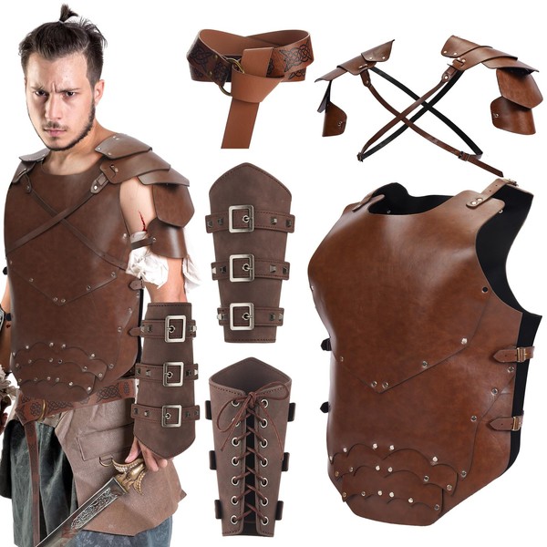 Retisee Medieval Renaissance Leather Costume Viking PU Vest Armor Cosplay Knight Harness Shoulder Arm Guards Belt(Brown)