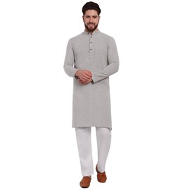 SKAVIJ Men's Cotton Kurta Pajama Long Sleeve Regular Outfit (Grey, X-Large)