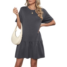 HiMONE Womens Tshirt Dress Summer Casual Crewneck Solid Loose Petite Dresses with Pockets Loose Fit XS-2XL Dark Grey