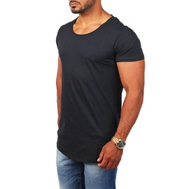 Young & Rich 1702 Men's Plain T-Shirt with Deep Crew Neck Plain Bodycon Basic Tee Vintage Look, black