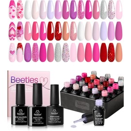 Beetles - Juego de esmalte de uñas en gel rosa, 20 colores, colección Alluring Sweetie, color nude, morado, purpurina, rojo, kit de manicura en gel