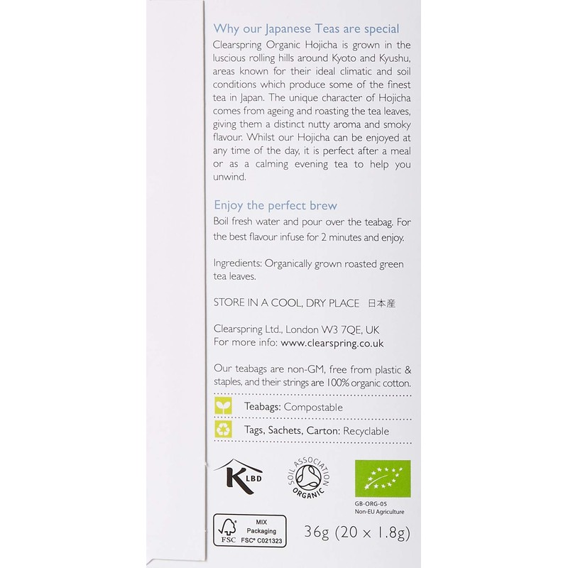 Clearspring Organic Japanese Hojicha, Roasted Green Teabags, 0.316 kg, Pack