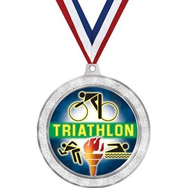 Triathlon Medal, 2 1/2" Silver Glitter Triathlon Medals, Great Triathlon Awards 5 Pack Prime