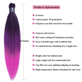 UPruyo Synthetic Color Hair for Braiding Purple Pink Ombre Braiding Hair Pre Stretched Non Toxic Hypoallergenic Braiding Hair Extensions For Crochet Braids, Knotless Pre-stretched Braiding Hair Bundle