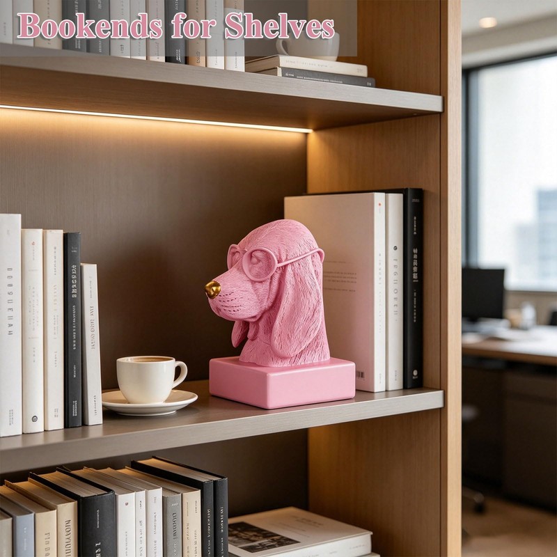 Pink Dog Book Ends for Shelves,Set of 2 Decorative Bookends