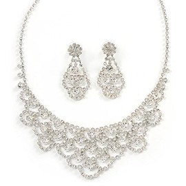 Avalaya Bridal Clear Crystal Lacy Bib Necklace And Drop Earring Set/Silver Tone/ 40cm L/ 10cm Ext