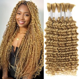 Blonde Human Braiding Hair for Boho Braids 20 Inch 6 Bundles Human Hair Braiding Hair Deep Wave Bulk Human Hair for Braiding No Weft Curly Human Hair Brading Hair Extensions 150g 27#