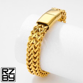 Mens 22cm Stainless Steel Braided Double-Layer Cuban Chain Bracelet, Razzberry Designer Jewellery, Chunky Links, Magnetic Clasp, with Gift Pouch (Gold)