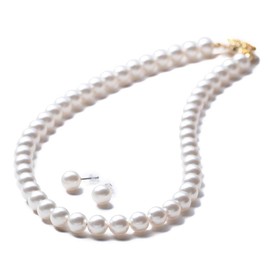 VOTRE COUTURE Pearl Necklace Set, 0.3 inch (8 mm), Gold, Titanium Earrings, Brass Earrings