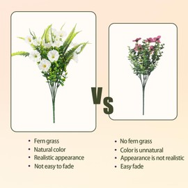 HIAGROW 12 Bundles Fake Flowers Paired with Fern, White Artificial Flowers for Outdoors UV Resistant Shrubs Faux Flowers for Indoor Outdoor Decorations