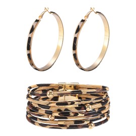 CQQNIU 1 Leopard Print Bracelet and 1 Pair of Leopard Print Earrings, Multi-Layered Bracelets, Leather Bracelets, Vintage Jewelry, Clothing Accessories