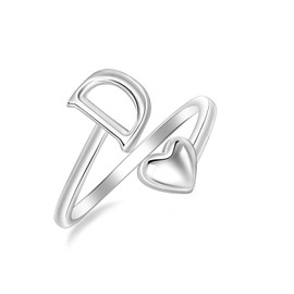 SILBERTALE 925 Sterling Silver Initial Rings A-Z Letter Ring for Women Adjustable Heart Stackable Promise Thumb Rings Fashion Jewellery with Gift Box