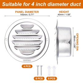 PATIKIL 304 Stainless Steel Air Vents, 4 Inch, 4pcs Round Louver Grille Vent Cover, Screen Mesh Soffit Air Outlet for Wall Ceiling Floor Ventilation