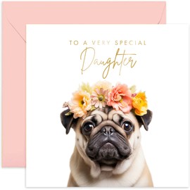 Old English Co. Pug Dog Very Special Daughter Card - Pug Floral Cute Birthday Card for Her - Cute Well Done Congratulations Cards for Daughter from Mum Dad Parents | Blank Inside Envelope