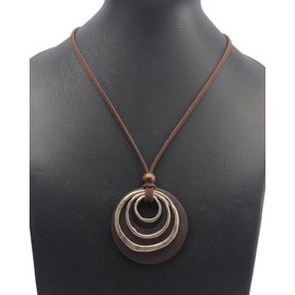 Popeoiuh Leather Choker Necklaces for Women Boho Vintage Alloy Circles Round Wooden Pendant Necklace with Long Brown Leather Cord