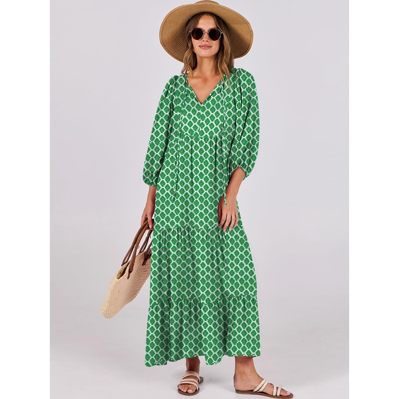 ANRABESS Womens Boho Maxi Dresses 2025 Summer V Neck Puff