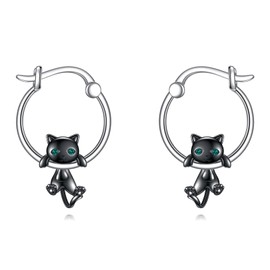 VONALA Black Cat Earrings for Women 925 Sterling Silver Cat Hoop Earrings for Girls Black Cat Gifts Cat Jewelry