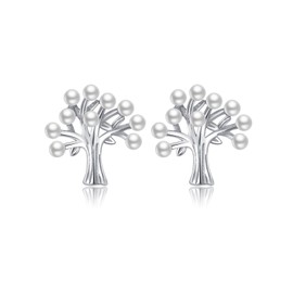 Reffeer Solid 925 Sterling Silver Tree of Life Stud Earrings for Women Girls Tree Stud Earrings Pearl Studs (A-Silver)