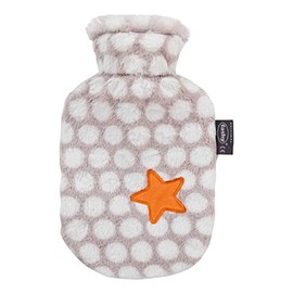 Fashy 0.8L Small Hot Water Bottle, Plush Spotted Fleece Orange Star Cover