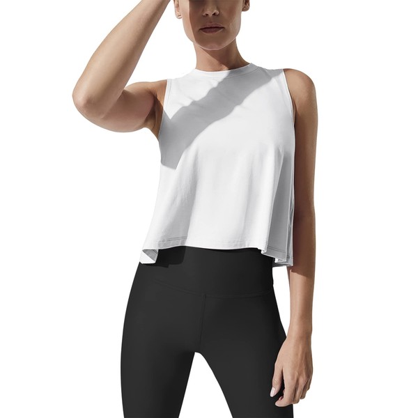 Mippo Cropped Workout Tops for Women Cute Workout Shirts Sleeveless Tops Womens Crop Muscle Tanks Flowy Loose Crop Tops High Neck Tank Tops White M