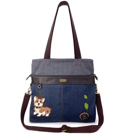 CHALA Denim Convertible Stripe Work Tote in Navy Blue (Coin Purse_ Corgi)