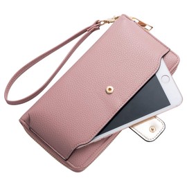 Women Wristlet Wallet with Cell Phone Holder Zip Around Handbag Mauve Large