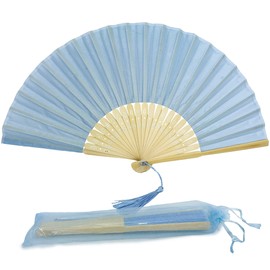 FANSOF.FANS Fabric Handheld Folding Hand Fan With a Tassel Grade A Bamboo Ribs for Women Girls Summer Party Event Favour Birthday Wedding Souvenir Gift (Baby Blue)
