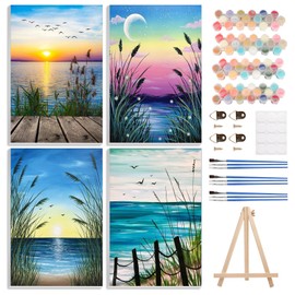 4 Pack Paint by Numbers Kits for Adults Beginners Framed Canvas, Sunset Seascapes Adult Paint by Number Kit with Easel, Landscapes Painting by Numbers for Beginners, Arts and Crafts for Decor 8x12inch
