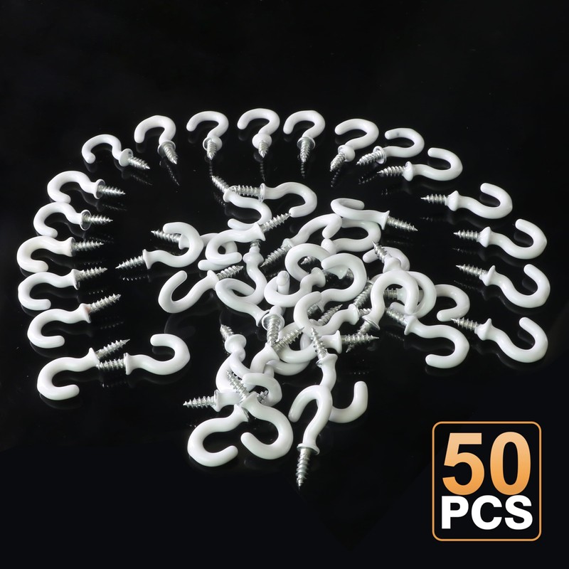 Jamiikury 50 White Cup Hooks, 1/2 Inch Metal Screw-in Mini
