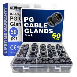 New Age America® 50pcs PG Cable Glands Kit KableLock™ | PG7 - PG19 | Black | Nylon Cord Grip Strain Relief | Adjustable Locknut Cable Connectors | IP68 Waterproof | PG7, PG9, PG11, PG13.5, PG16, PG19