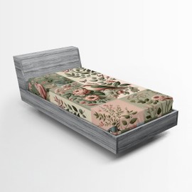 Ambesonne Birds 2 Pack Fitted Sheet, Garden Floral Bohemian Leafy, Bed Cover All-Round Elastic Deep Pockets 2 Pieces, Package Contains 2 Twin Size Fitted Sheets, Laurel Green Rose Beige