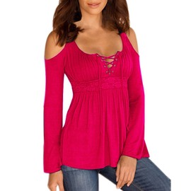 Mooncolour Womens Hollow Out Casual Loose Solid Blouse Tops, 0705-hot Pink, US Medium