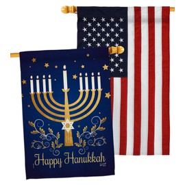Angeleno Heritage Happy Hanukkah House Flag Pack Winter Candle Bonsai Menorah Jewish Chanukah David USA Embroidery Decoration Banner Small Garden Yard Gift Double-Sided, 28" x 40", Thick Fabric