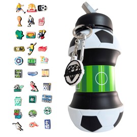 Soccer Ball Foldable Water Bottle with Key ring Clip Straw & Safe Cap + 30 PCS Shoe & Bag Premium Charms Croc, Made Foldable BPA-Free Silicone,18 Oz, Food Grade, Leak Proof, Design Portable. (Boys)