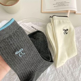 Frenflu Socks, Embroidery, 3 Pair Set, Bow Tie, Stylish, Cute, Sports, Outdoor, Patterned Socks, Fashionable, Cotton, Women's Socks, Crew Socks, Breathable, Spring and Summer