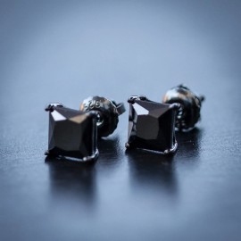 Street Knitted Mens Hip Hop Black Cz Onyx Princess Cut Square Stud Screw On Post Earrings