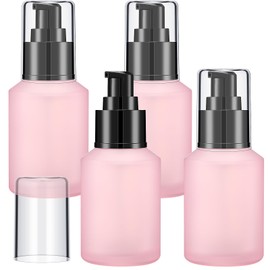 4 Pcs 60ml/2oz Empty Refillable Pink Frosted Glass Creams Lotions Bottles with Pump Vial Cosmetic Dispenser Jars Makeup Emulsion Liquids Storage Container Portable Travel Bottle Cosmetic Container