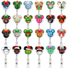 24Pcs Christmas Mouse Badge Reels Retractable Badge Holder, Holiday Badge Reels Retractable Clip, Mouse Acrylic Badge Reel Christmas Badge Clip for Nurse Doctor Teacher Student Christmas Gifts