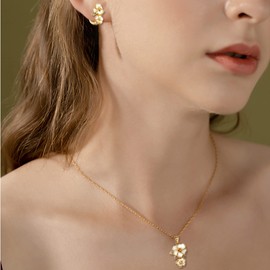 EleQueen 14K Gold Plated Cubic Zirconia Enamel Flower Pendant Necklace Hoop Earrings Jewelry Set for Women Girl Birthday