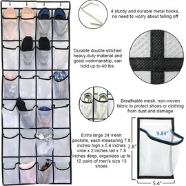 YWKJDDM Over the Door Shoe Organiser, 24 Pockets Storage Bag, Hanging Shoe Organiser, Mesh Pockets, Hanging Organiser for Bedroom, Living Room, Bathroom (with 4 Hooks)