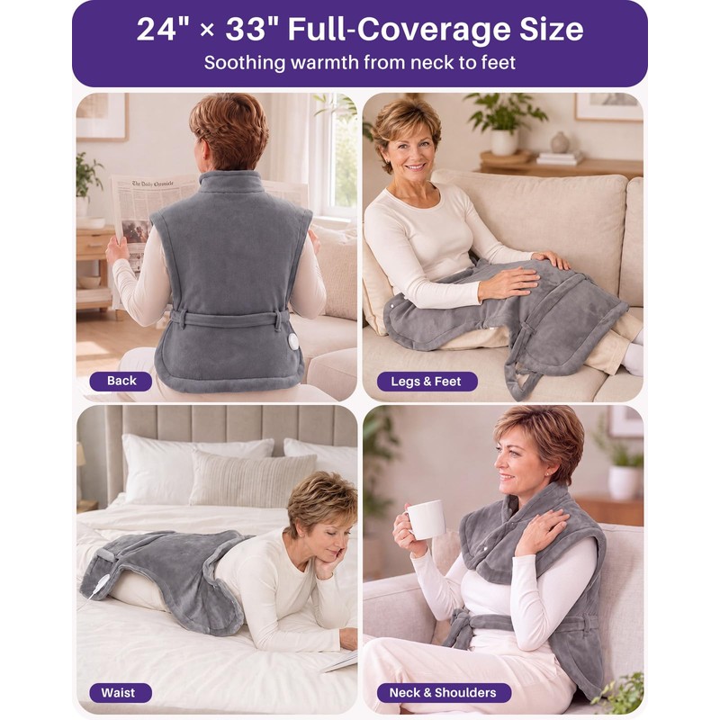 Wearable Heating Pad for Back, Neck & Shoulders, Detachable Belt