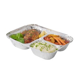 Restaurantware Foil Lux 23 Ounce Aluminum Food Containers, 100 Rectangle Aluminum Pans - Lids Sold Separately, 3 Compartments, Silver Aluminum Foil Containers, For Storing, Baking, And Meal Prep