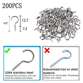 OUOQI Screw Hooks, Ceiling Hooks, Cup Hooks, Pack of 200, Nickel-Plated Cup Hooks, 1/2 Inch Screw Hooks, Silver Metal Ceiling Hooks, Hook Holder for Hanging Home, Office and Workplace